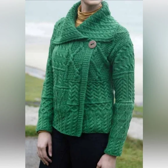 Green Aran Sweater Market Patchwork Cardigan with Collar - Picture 1 of 5